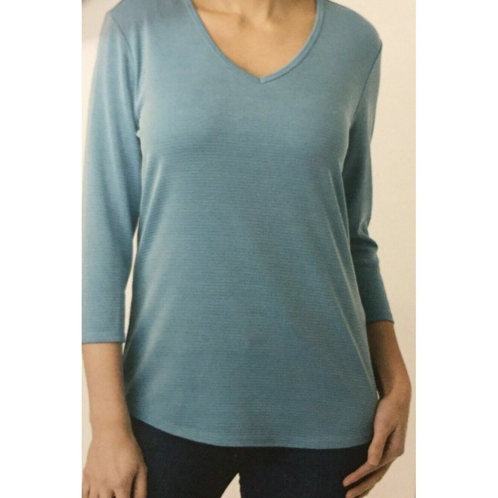 Seg'ments Womens L Blue Tencel Blend V-neck 3/4 Sleeve Basic Shirt 1389475